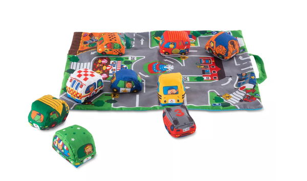 Melissa & Doug Take - Along Town Play Mat Colorful Storage Bag Set w 9 Soft Cars